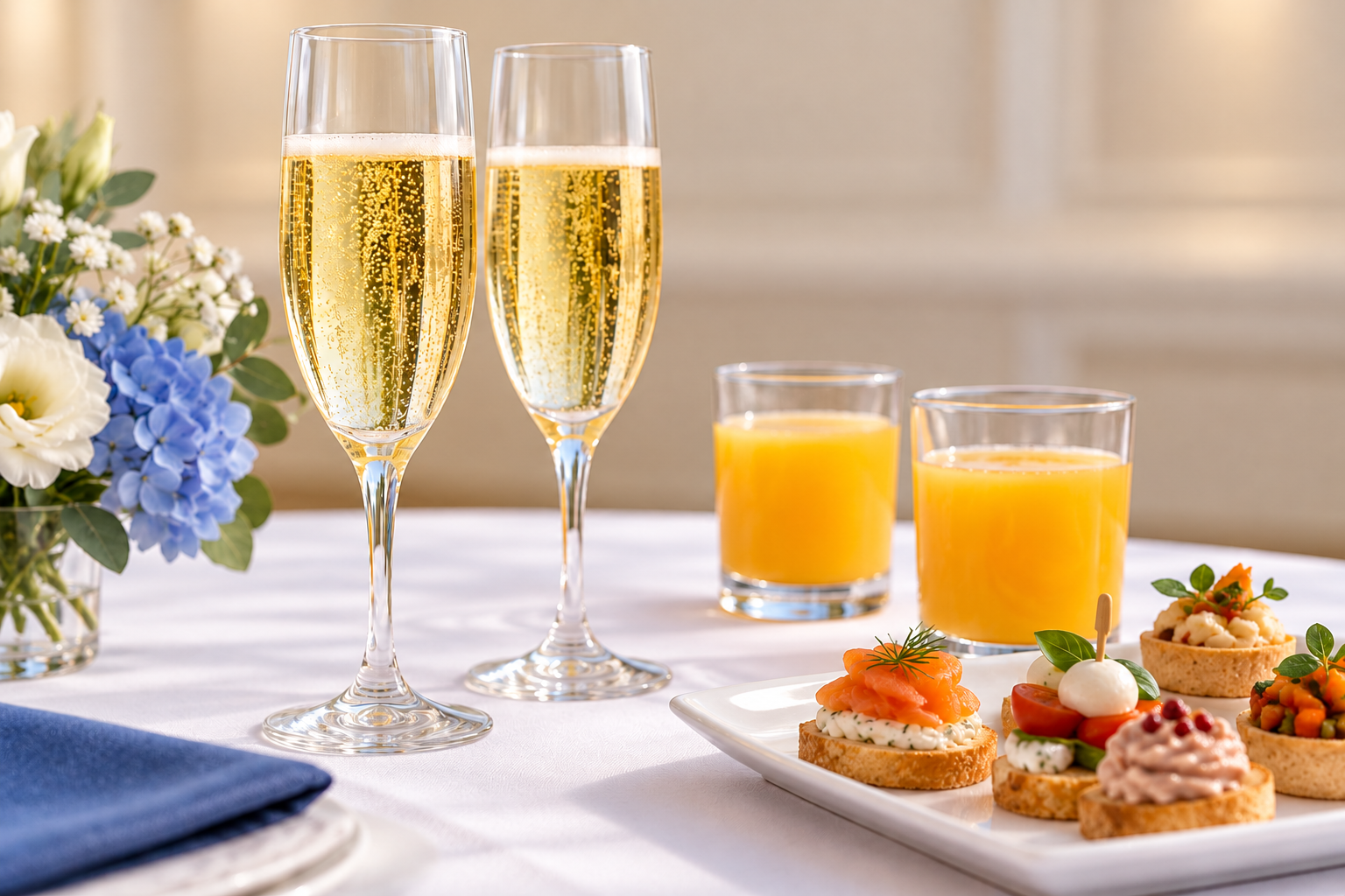 Illustration du cocktail dînatoire : champagne, jus de fruits et amuse-bouches en intérieur