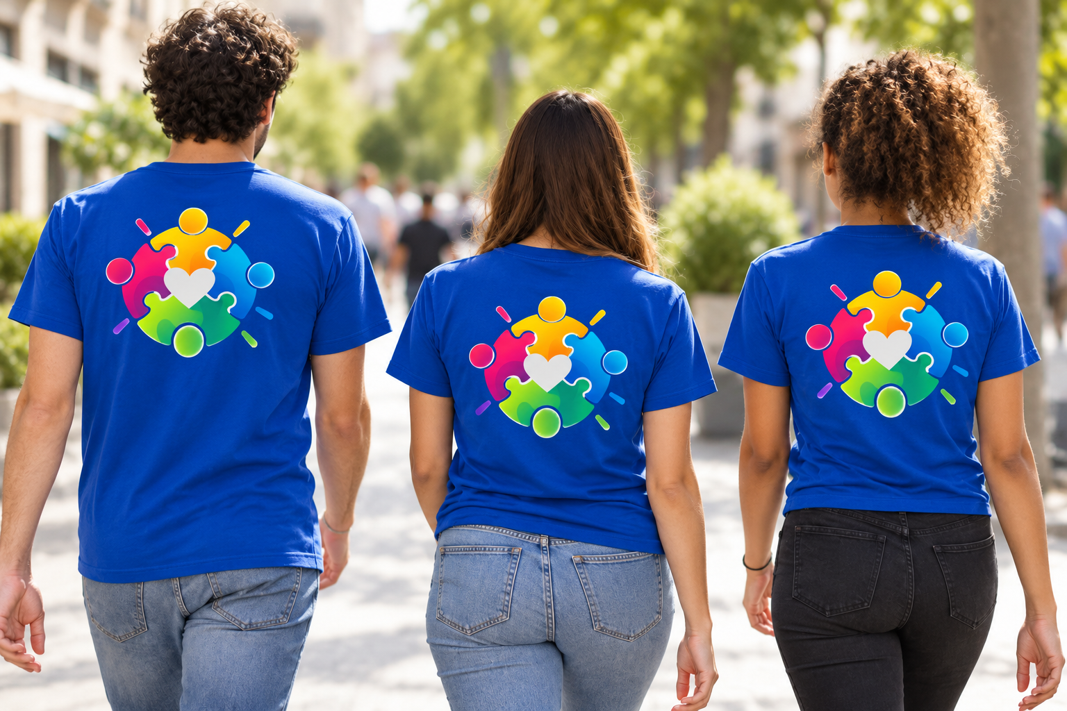 Illustration : des jeunes de dos portant les tee-shirts Avenir Autisme